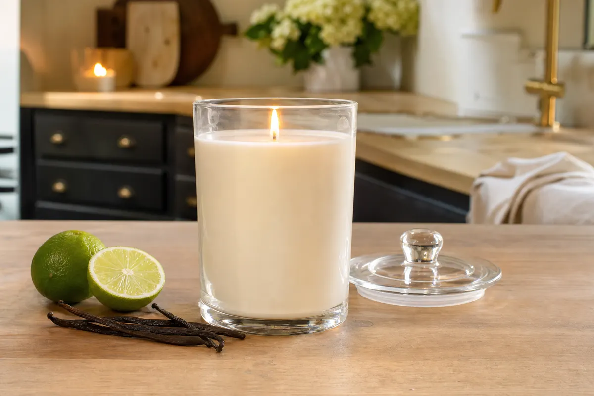 Grande bougie en jarre de verre allumée sur un plan de travail en bois avec citron vert et vanille