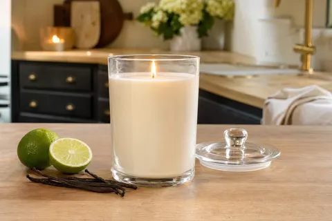 Grande bougie en jarre de verre allumée sur un plan de travail en bois avec citron vert et vanille