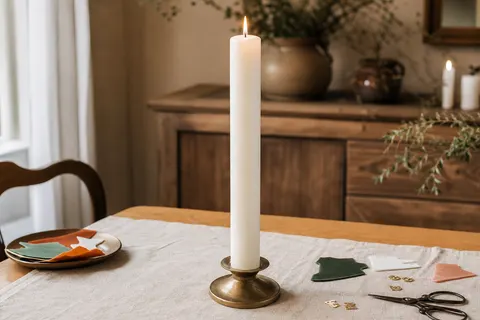 Long cierge blanc dans un porte-cierge en laiton, plaques de cire à découper posées sur une table