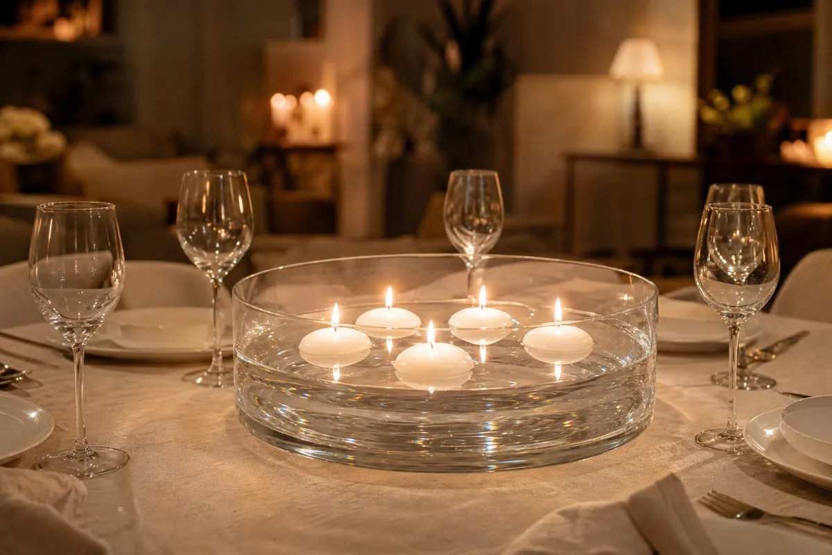 Bougies flottantes blanches allumées sur l'eau d'une coupe en verre au centre d'une table dressée