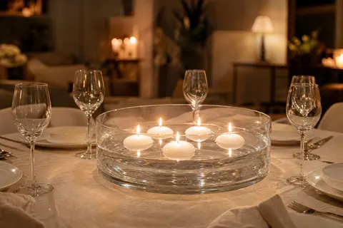 Bougies flottantes blanches allumées sur l'eau d'une coupe en verre au centre d'une table dressée