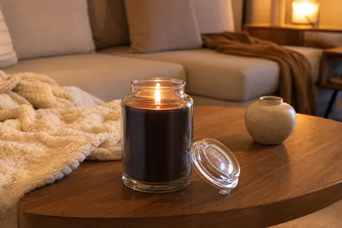 Grande bougie en jarre de verre à cire sombre allumée sur une table basse en bois