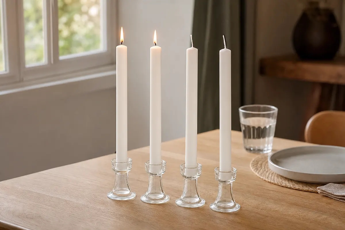 Quatre bougies de table blanches de 18 cm dans des bougeoirs en verre sur une table en bois clair