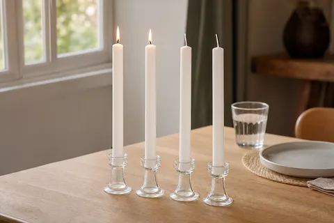 Quatre bougies de table blanches de 18 cm dans des bougeoirs en verre sur une table en bois clair