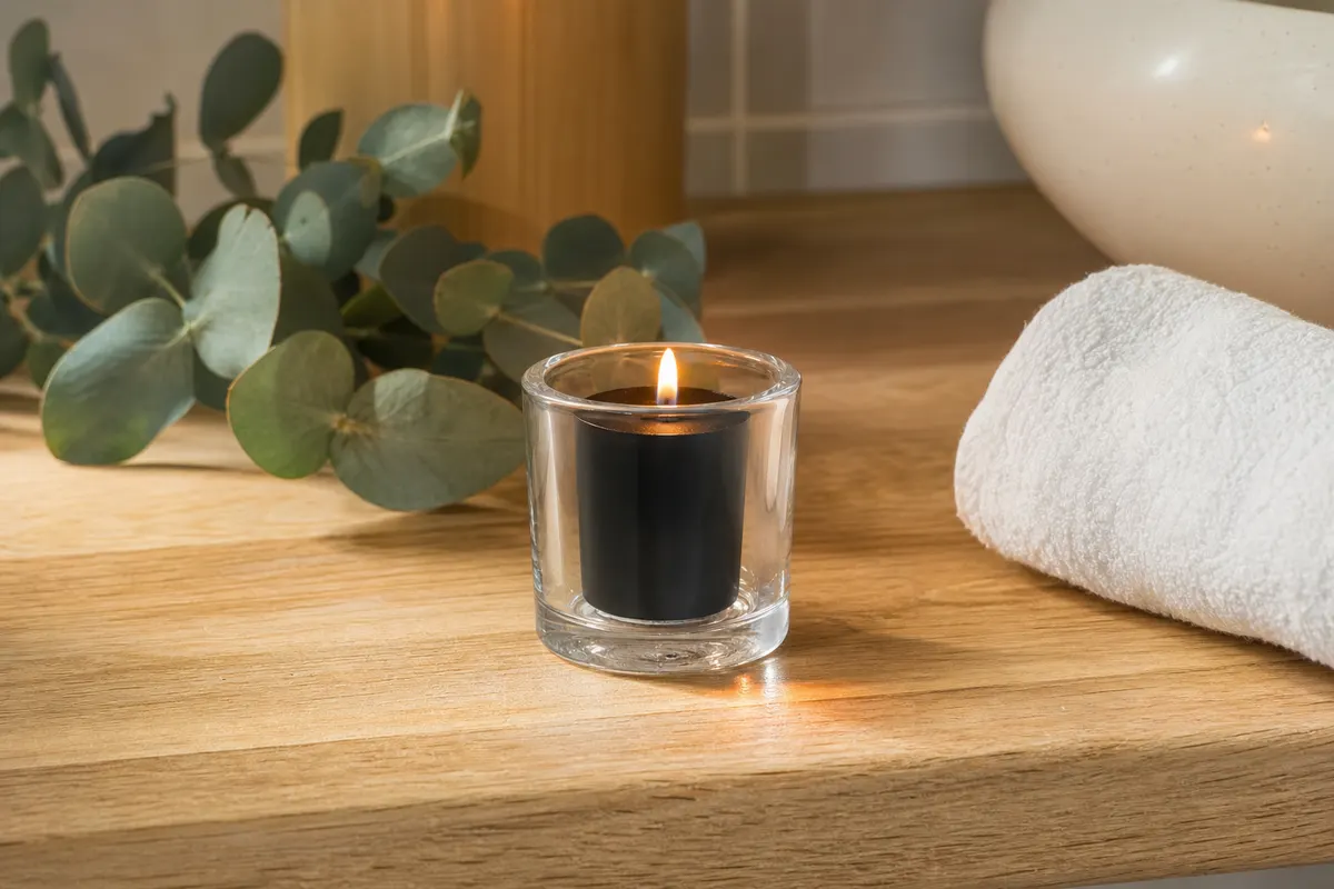 Bougie votive noire allumée dans un photophore en verre transparent, sur une étagère de salle de bain en bois clair