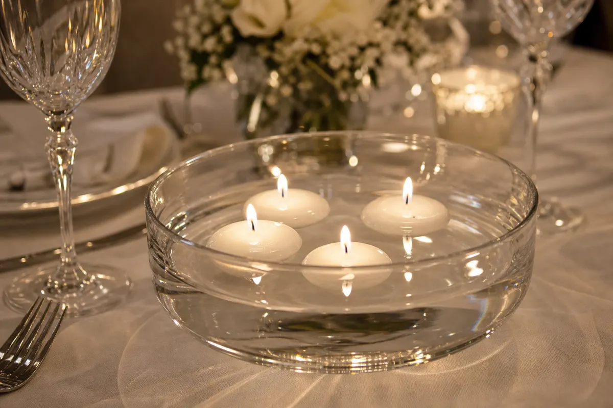 Bougies flottantes blanches allumées dans une coupe en verre sur une table de restaurant nappée de blanc