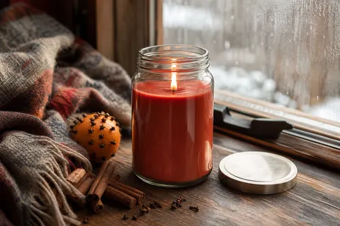 Grande bougie en jarre de verre à la cire rouge brique, allumée sur une table en bois avec bâtons de cannelle et plaid