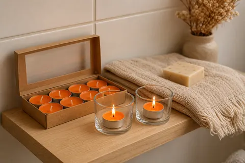 Bougies chauffe-plat orange allumées dans des photophores en verre sur une étagère de salle de bains