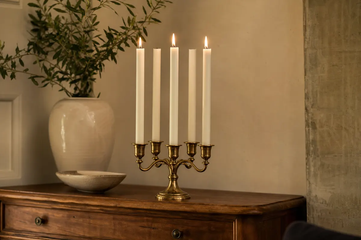 Cinq chandelles blanches en stéarine de 15 cm dans un chandelier en laiton sur une commode