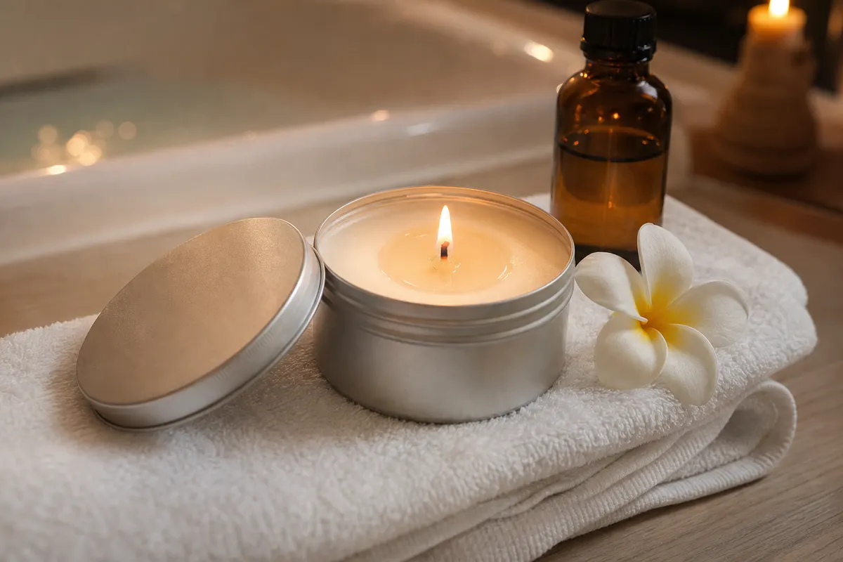 Bougie de massage au monoï en boîte aluminium allumée sur une serviette pliée au bord d'une baignoire