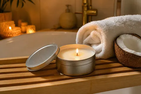 Bougie de massage parfum coco en boîte plate en aluminium allumée sur un plateau en bambou au bord d'une baignoire