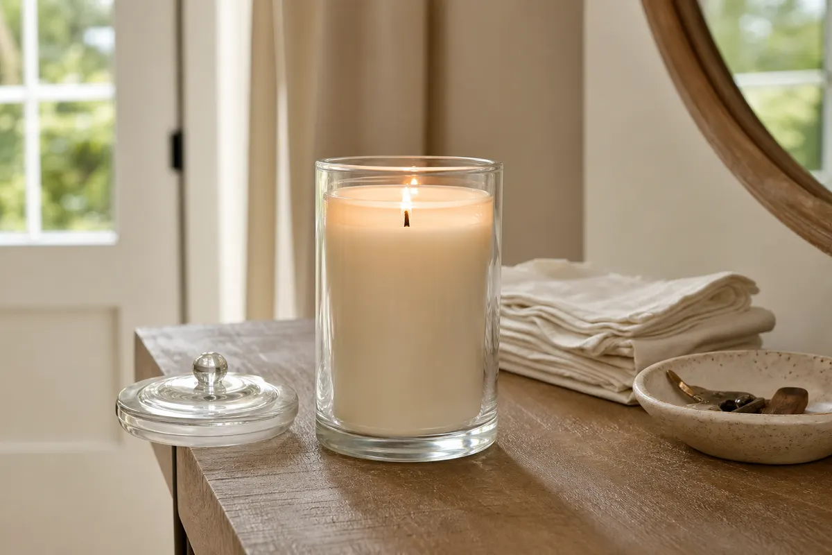 Grande bougie en jarre de verre à cire blanche, mèche allumée, posée sur une console d'entrée près de serviettes pliées