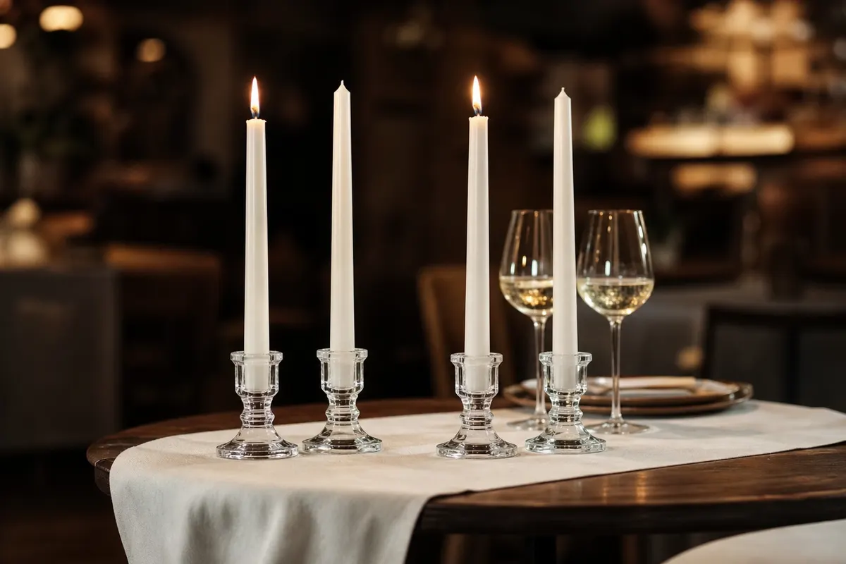 Quatre bougies de table blanches de 18 cm dans des bougeoirs en verre sur une table de bistro