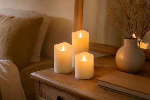 Trois bougies LED ivoire en cire de hauteurs différentes allumées sur une commode en bois