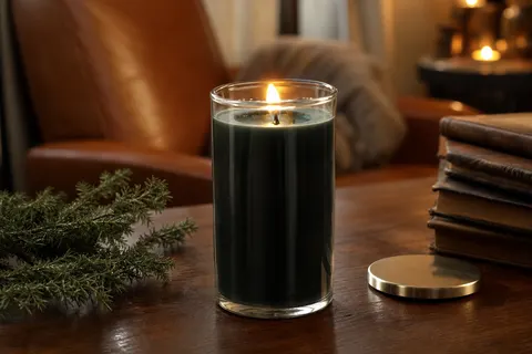 Grande bougie boisée allumée dans un pot en verre sombre sur un bureau en noyer, près d'une pile de livres