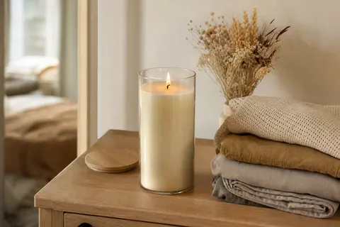 Grande bougie vanille en jarre de verre allumée sur une commode en bois clair