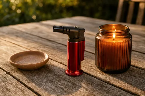 Briquet tempête chalumeau rouge en métal posé sur une table de jardin en bois près d’une bougie en pot de verre