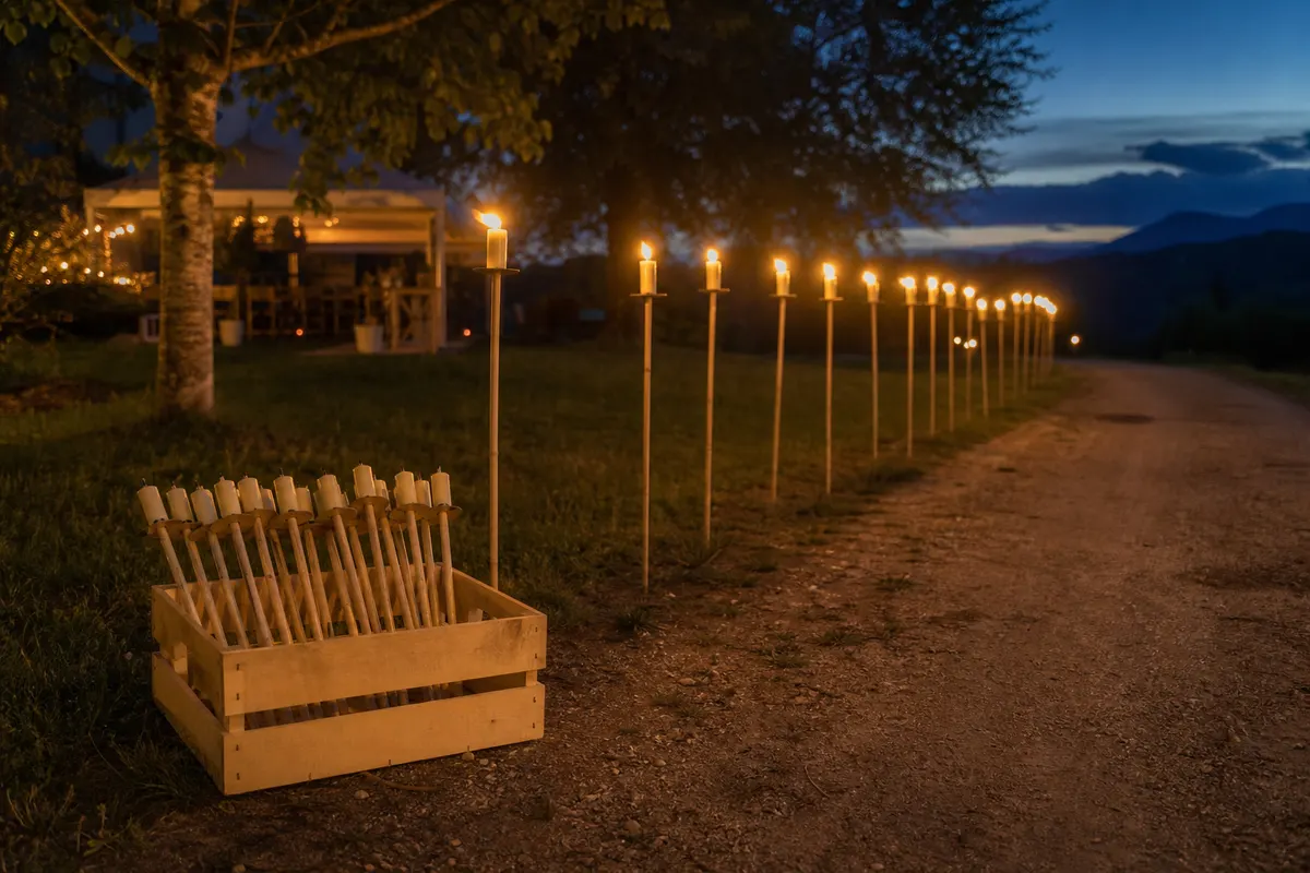 Rangée de torches en cire allumées le long d'un chemin, avec une caisse de torches éteintes au premier plan