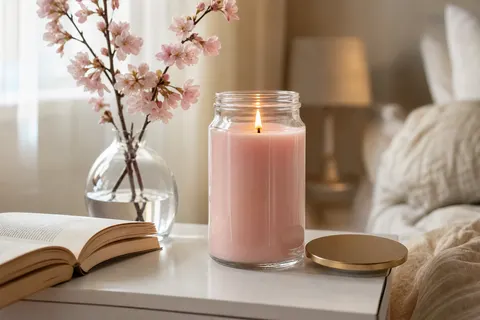 Grande bougie en jarre de verre à la cire rose pâle, allumée sur une table de chevet près de branches de cerisier