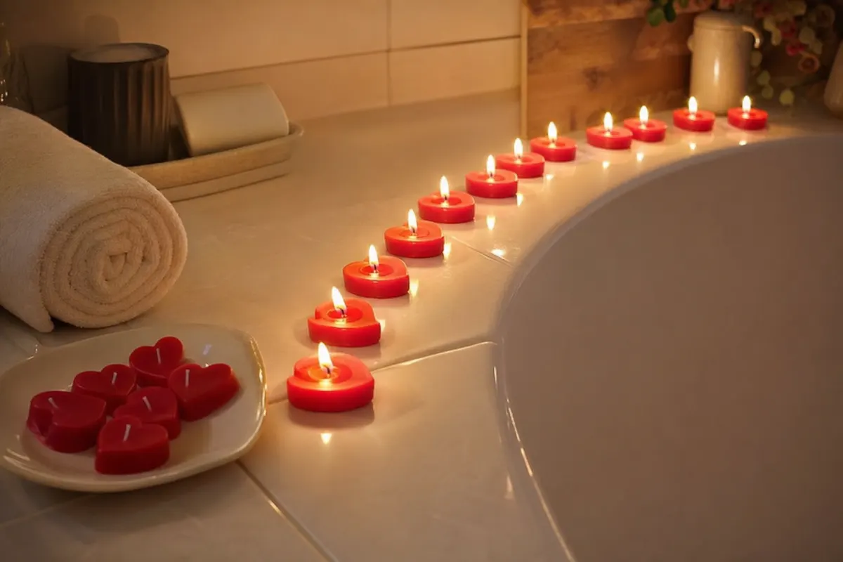 Bougies chauffe-plat en forme de coeur rouge allumées sur le rebord carrelé d'une baignoire