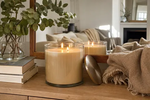 Grande bougie boisée allumée dans un pot en verre sur une console en bois clair, couvercle posé à côté