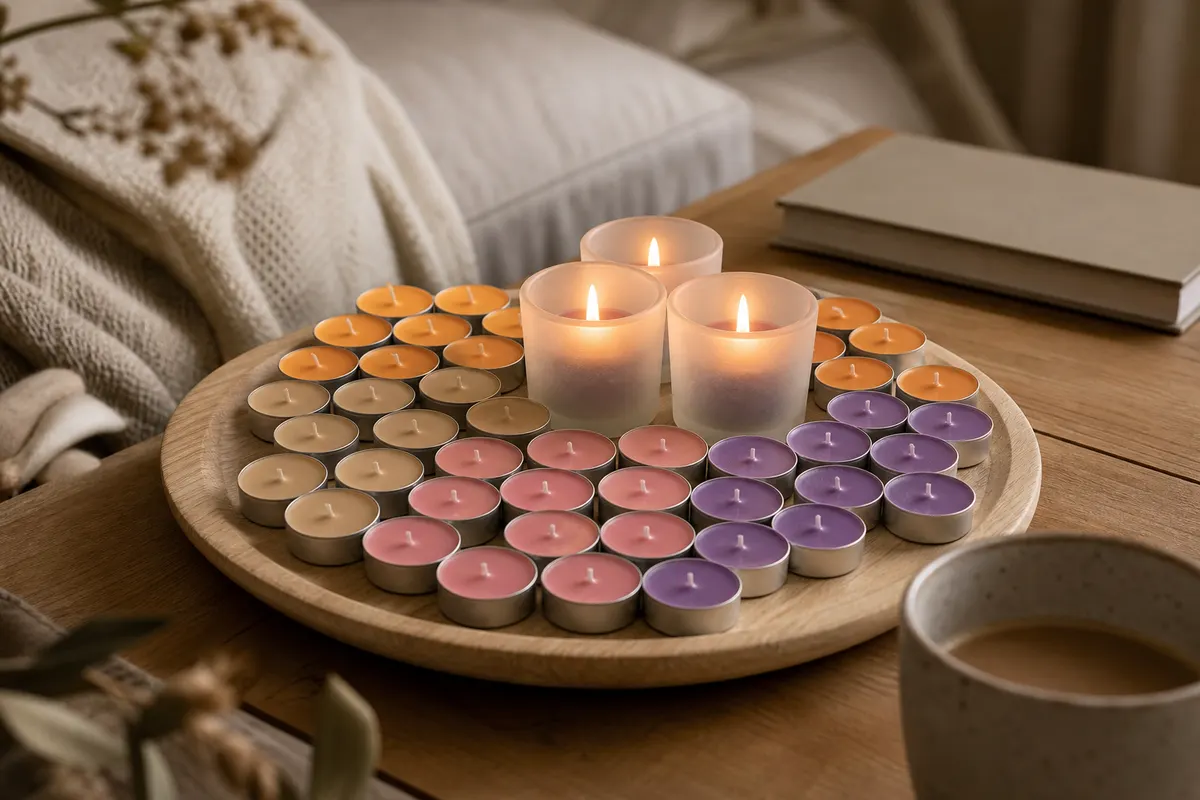 Bougies chauffe-plat parfumées violettes, roses, beiges et orange sur un plateau en bois, trois allumées