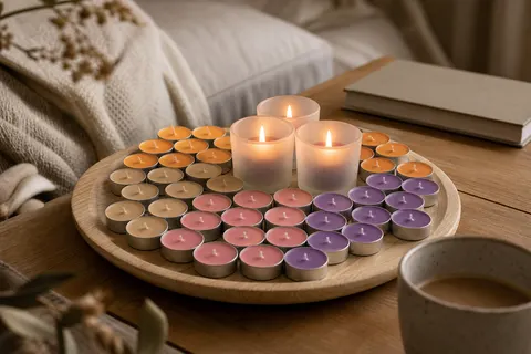 Bougies chauffe-plat parfumées violettes, roses, beiges et orange sur un plateau en bois, trois allumées