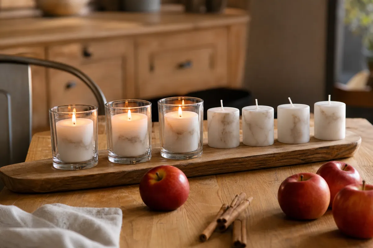 Bougies votives blanches marbrées allumées dans des photophores en verre sur une table en bois avec des pommes