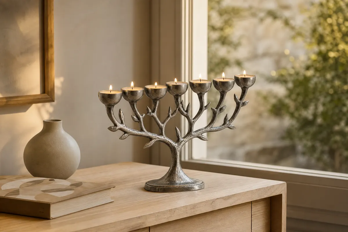 Chandelier de fête en aluminium argent vieilli au motif arbre de vie, posé sur une console en bois clair