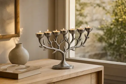 Chandelier de fête en aluminium argent vieilli au motif arbre de vie, posé sur une console en bois clair
