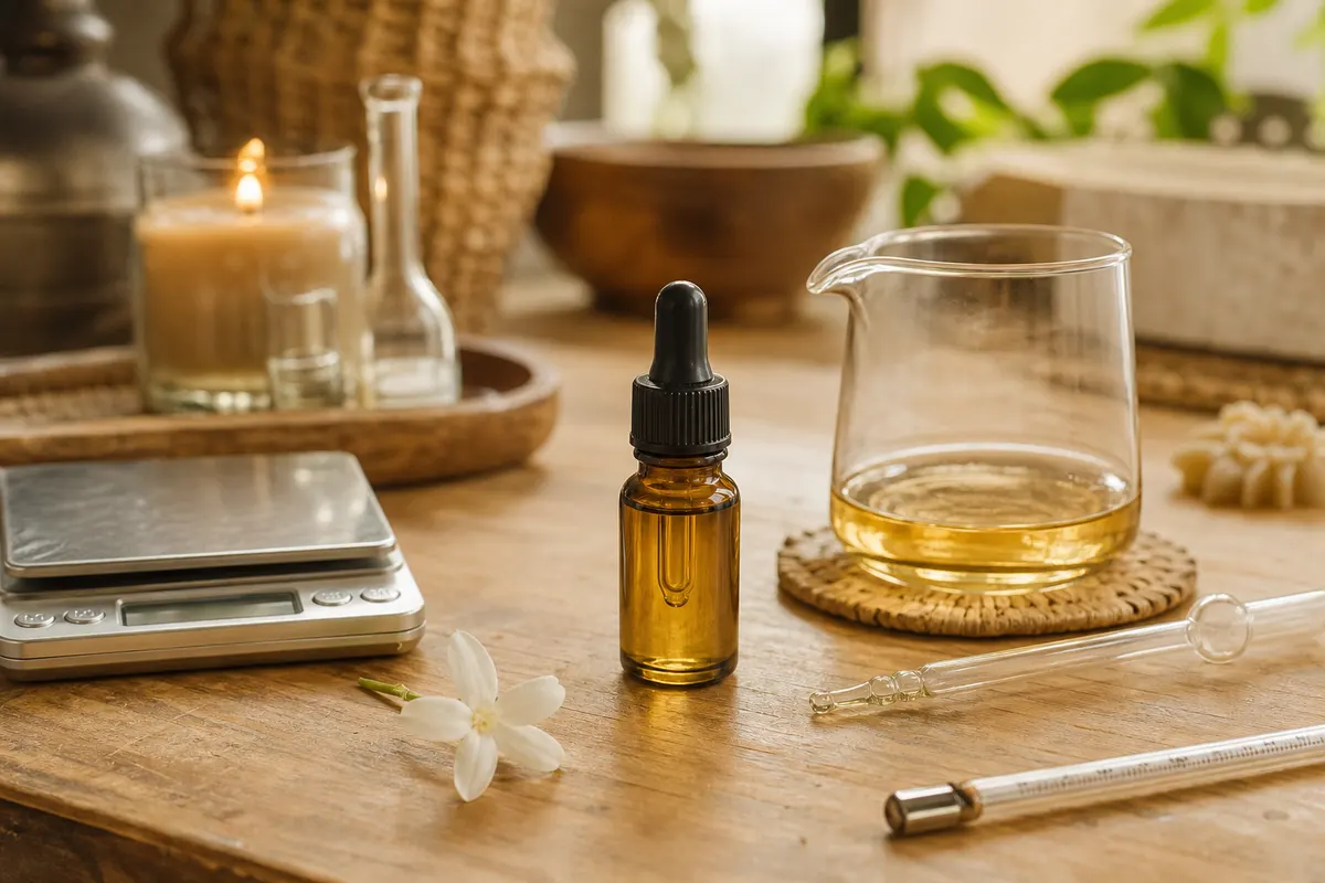 Flacon de verre ambré d'huile parfumée au jasmin posé sur un établi avec balance, pipette et cire fondue