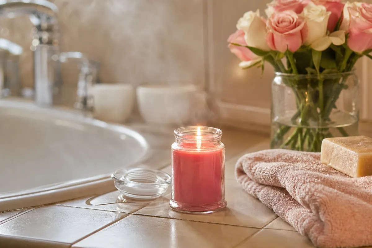 Petite bougie en jarre de verre à la cire rose, allumée sur un rebord de baignoire près d'une serviette et de roses