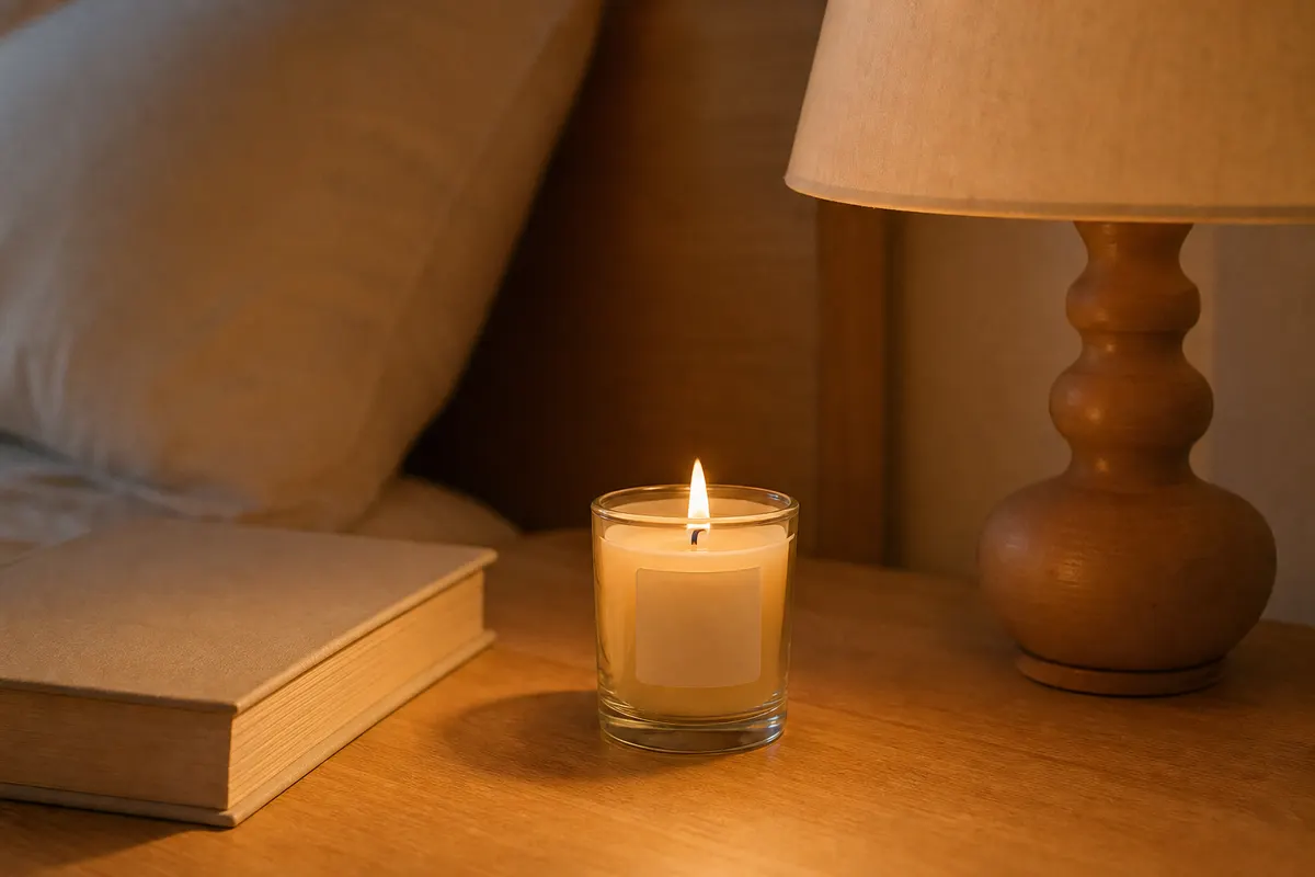Bougie votive ivoire allumée dans un photophore en verre sur une table de chevet en bois clair près d'un livre