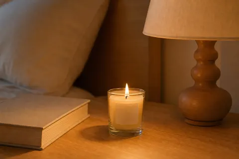 Bougie votive ivoire allumée dans un photophore en verre sur une table de chevet en bois clair près d'un livre