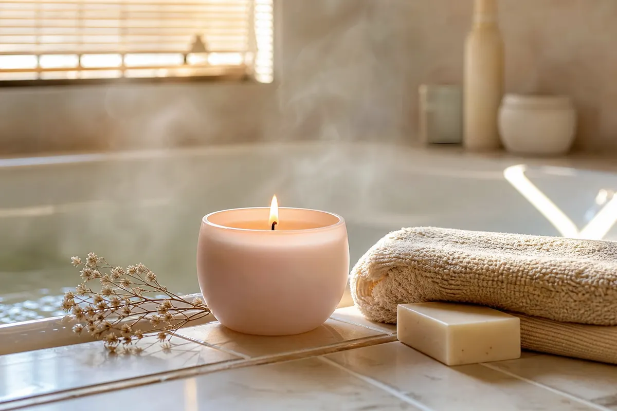 Bougie parfumée ivoire allumée sur le rebord d'une baignoire, près d'une serviette pliée et d'un savon