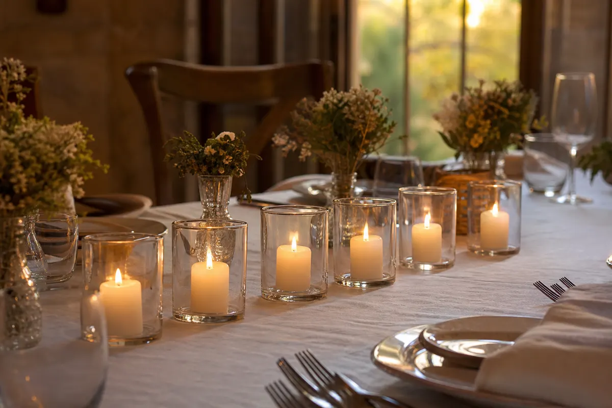 Six bougies votives LED blanches allumées dans des photophores en verre sur une table de réception