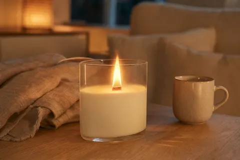 Bougie en verre elliptique à mèche en bois allumée, flamme allongée, posée sur une table basse en chêne clair