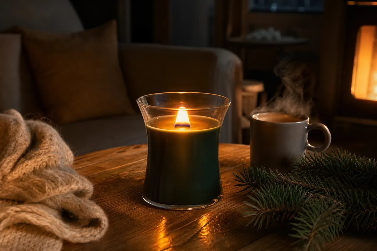 Bougie en verre évasé à la cire verte, mèche en bois allumée, posée sur une table basse avec plaid et branche de sapin