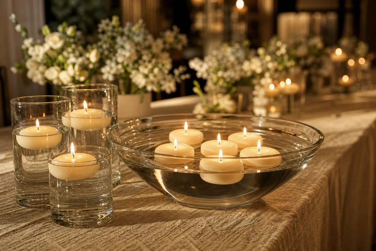 Bougies flottantes ivoire allumées dans une vasque en verre sur une longue table de réception en lin