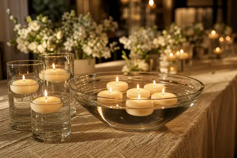 Bougies flottantes ivoire allumées dans une vasque en verre sur une longue table de réception en lin