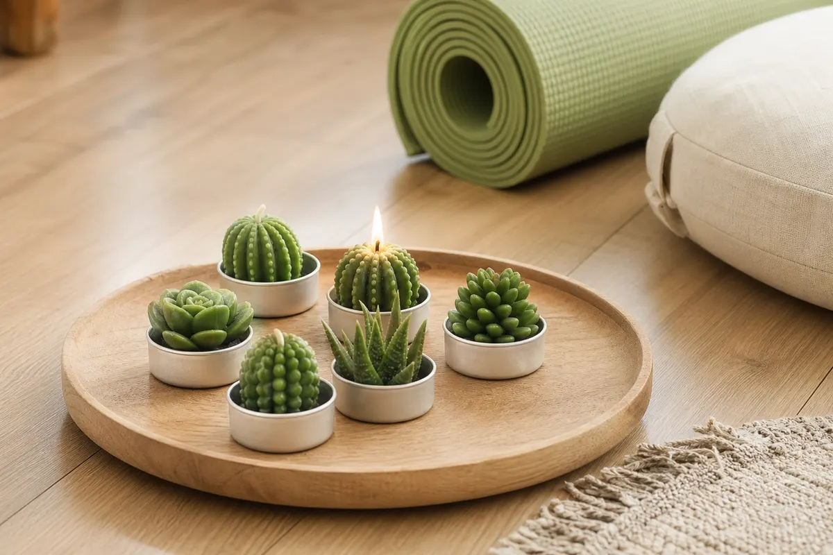 Six bougies sculptées en cactus vert sur un plateau en bois, une flamme allumée près d'un tapis de yoga
