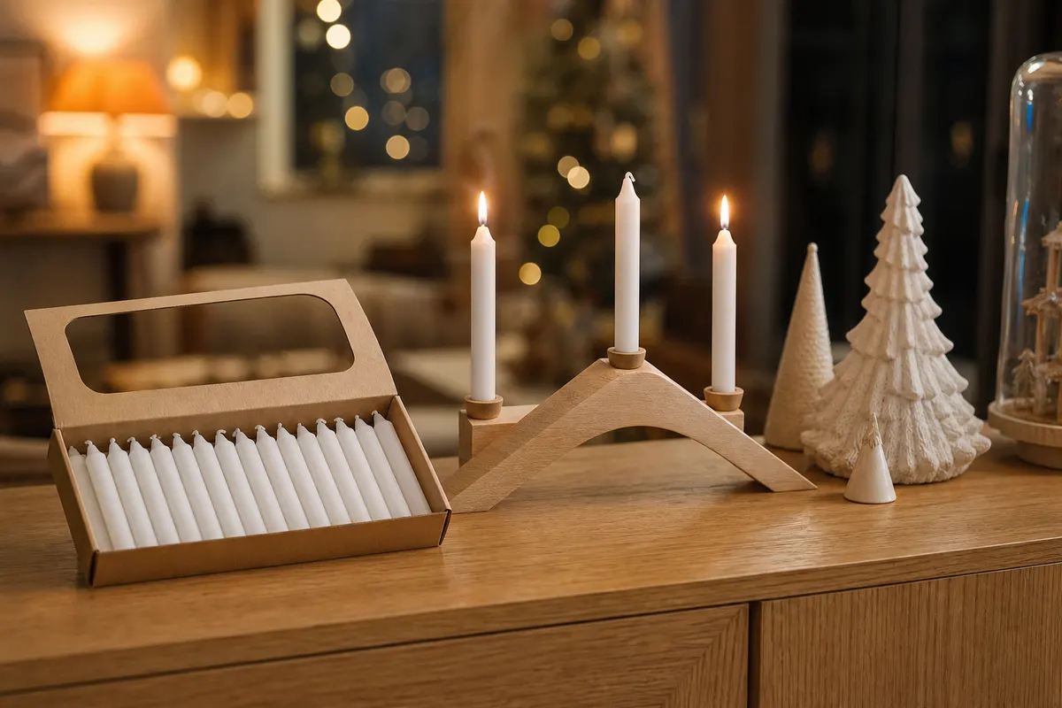 Petites bougies blanches de 95 mm dans leur boîte et sur une pyramide de Noël en bois