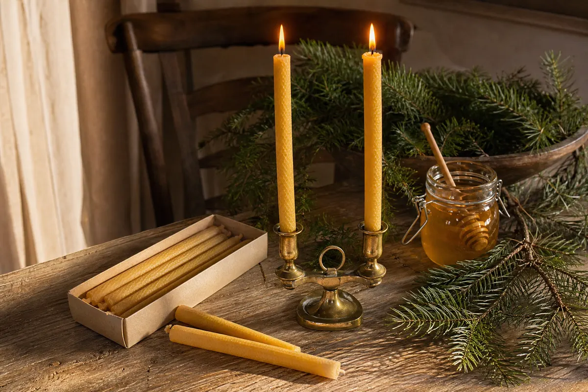 Bougies fines en cire d'abeille couleur miel dans leur boîte et dans un chandelier en laiton