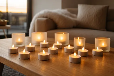 Quatorze bougies chauffe-plat LED blanches à flamme vacillante posées sur une table basse en bois clair, le soir