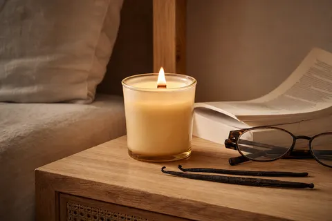Petite bougie à mèche en bois allumée dans un pot en verre évasé, sur une table de chevet près d'un livre
