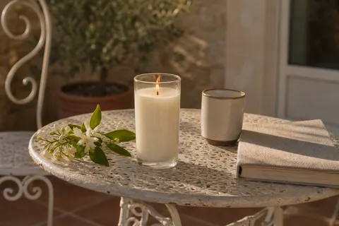 Bougie en verre élancé à la cire ivoire, allumée sur une table de jardin blanche près d'une branche de fleurs d'oranger