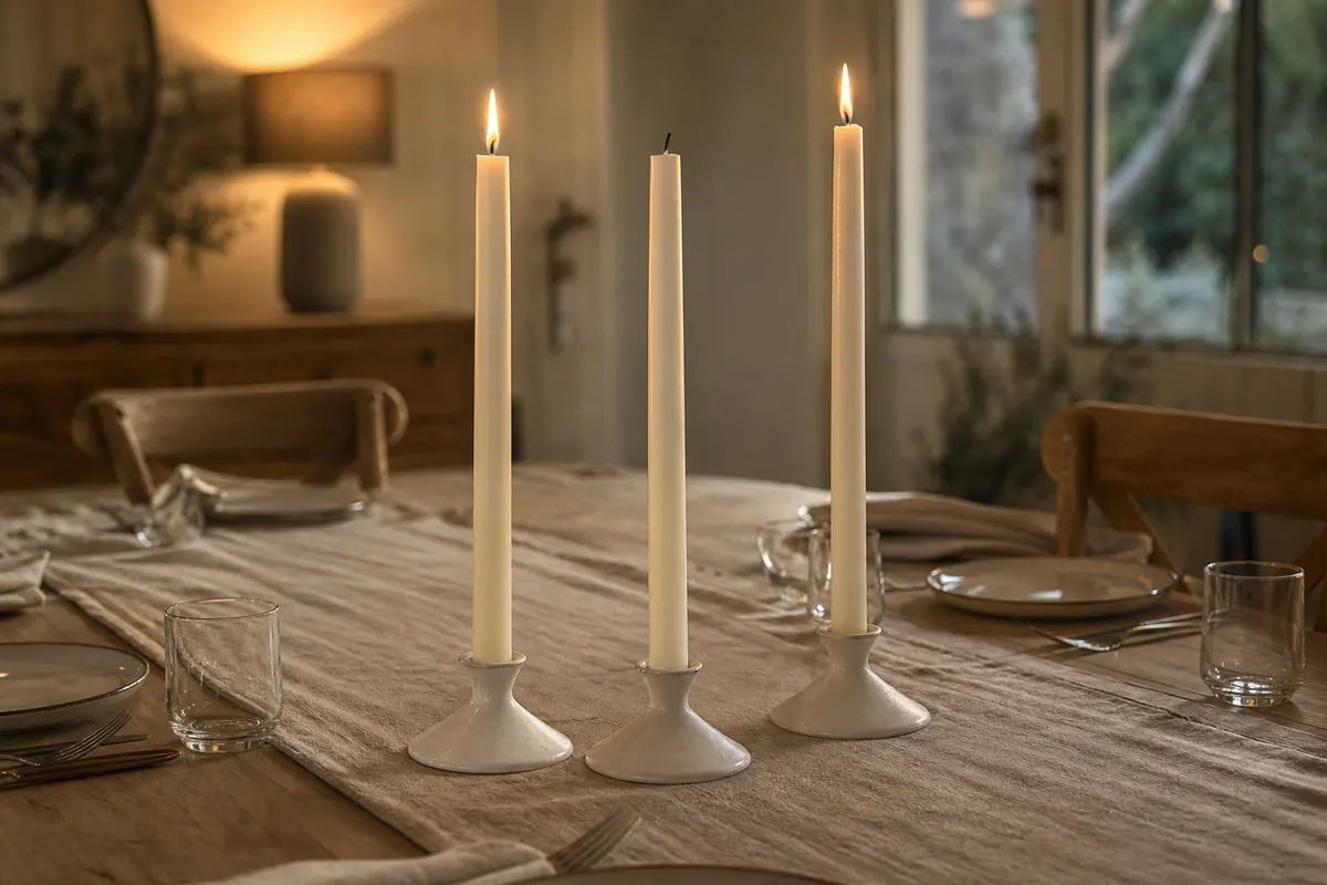 Trois bougies de table ivoire de 25 cm dans des bougeoirs en céramique sur une table en chêne
