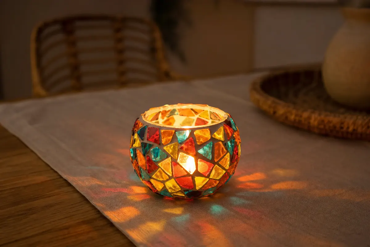Bougeoir en verre mosaïque coloré avec bougie chauffe-plat allumée posé sur une table en bois et un chemin de table en lin