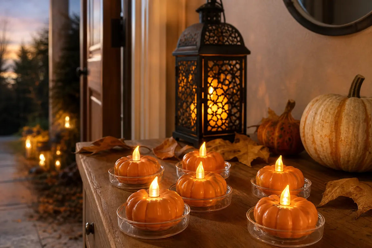 Bougies chauffe-plat LED orange allumées près d'une lanterne noire et d'une courge, sur une table en bois