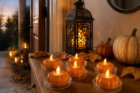Bougies chauffe-plat LED orange allumées près d'une lanterne noire et d'une courge, sur une table en bois
